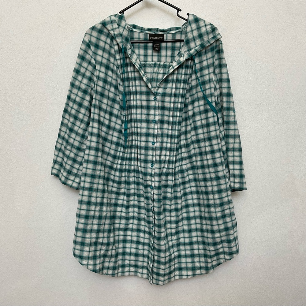 Lane Bryant Green, Grey, White Plaid Hooded Button Down Top Size 22/24